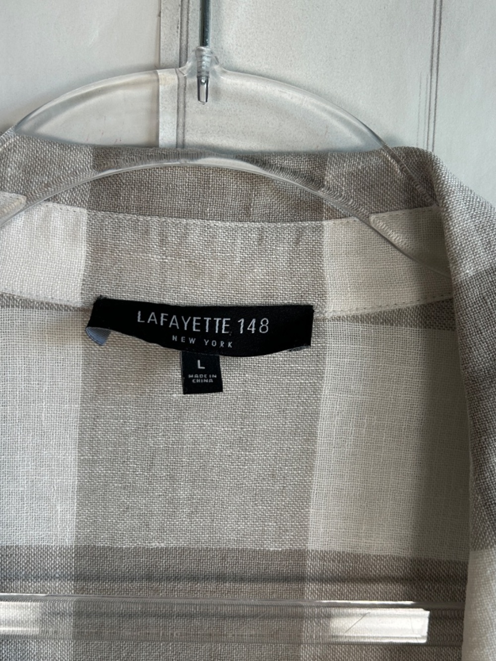 Lafayette 148 size L linen button front shirt plaid gray tie sleeve relaxed fit - Picture 8 of 9